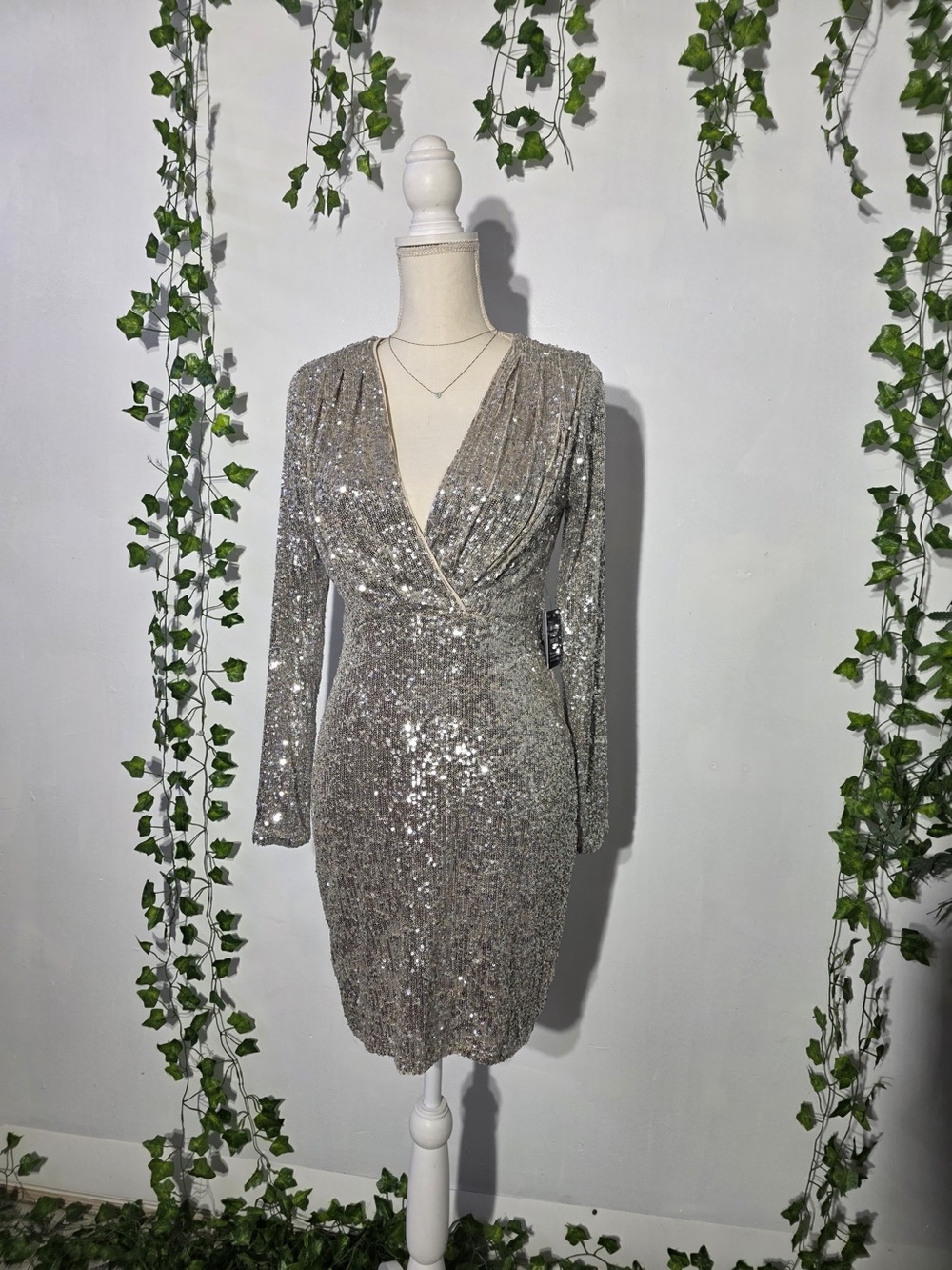 Express Silver Sequin Long-Sleeve Wrap Dress